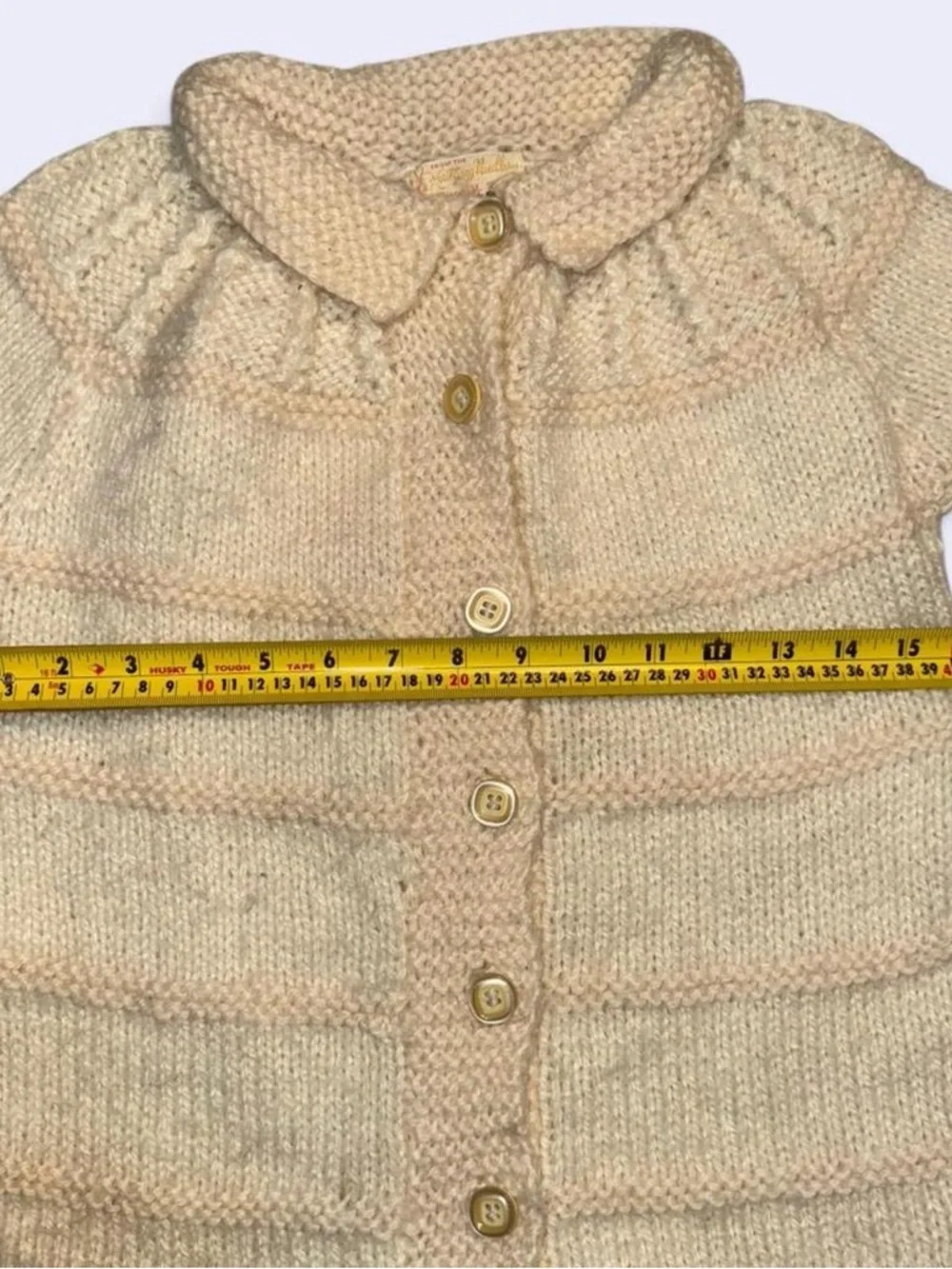 Vintage Hand Knit Kids Sweater Dress Cardigan Cream Button Front Cottagecore